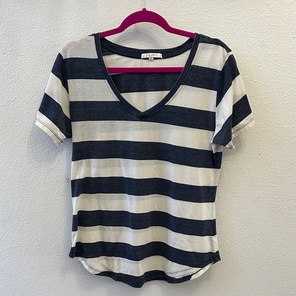 Z Supply Navy and Cream Striped V-Neck Tee